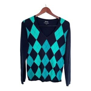 Tommy Hilfiger navy and Teal Argyle diamond V-Neck Sweater size medium